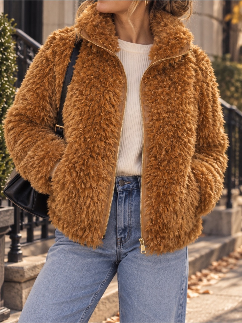 Maeve Anthropologie Caramel Brown Shaggy Faux Fur Zip Jacket XS